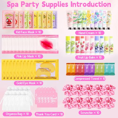 90 PCS Spa Party Supplies for Girls, Include 10 PCS Lip Mask, Eye Mask, Facial Masks, Lip Balm, Hand Cream, Scrunchie, Compressed Towel, Organza Bag, Cards, Spa Birthday Party Supplies for Girls