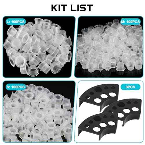 WZPB Tattoo Ink Caps with Cup Holder - 300 Mixed Size Tattoo Ink Cups 100 Small 100 Medium 100 Large with 3 Black Tattoo Ink Cap Holders Permanent Makeup Container for Tattoo Ink Tattoo Supplies