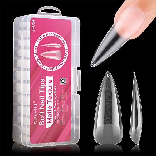 AIMEILI Long Stiletto Gel Nail Tips 432PCS Pre-buff Almond Fake Clear Nails Full Cover, Acrylic False Press on Nails with Box for Nail Art Salon and Home DIY, 10 Sizes