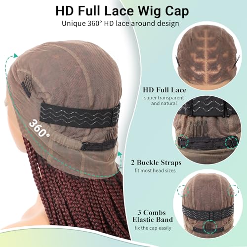 360 HD Full Lace Knotless Braided Wigs with Baby Hair Box Braid Wig for Women Premium Synthetic Burgundy Natural Braided Lace Front Wigs 36 Inch