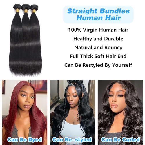 Straight Bundles Human Hair 22 24 26 Inch 100% Unprocessed Brazilian Virgin Hair Straight Weave Bundle Human Hair Bundles Real Natural Black Human Hair Extensions