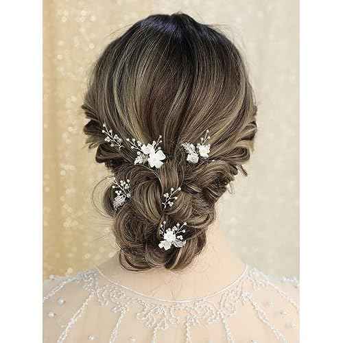 Handmade Pearl Bridal Wedding Hair Pins 6Pcs White Flower Gold Leaf Pearls Clips Bridal Hair Accessories for Women Brides Bridesmaid