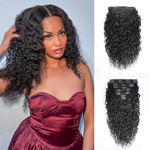 Curly Clip in Hair Extensions,Real Human Hair Water Wave Clip in Hair Extensions for Women,Remy Human Curly Clip ins Human Hair 8 Pcs with 20 Clips,22 inch