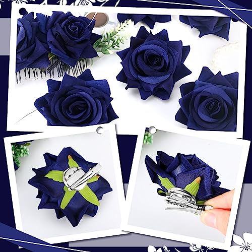 Geyoga Flower Hair Clip Set, 6 Pcs Rose Hair Accessories for Women Girls Wedding Dancing Party (Navy Blue)