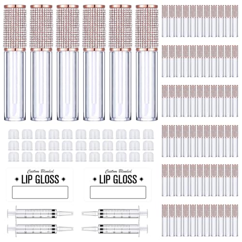 AMORIX 72 Pack 5ml Crystal Rhinestone Lip Gloss Tubes with Wand 5ml Empty Lip Gloss Containers Lipgloss Bottles with Stoppers 4pcs Syringes + Labels for DIY Lip Gloss Balm