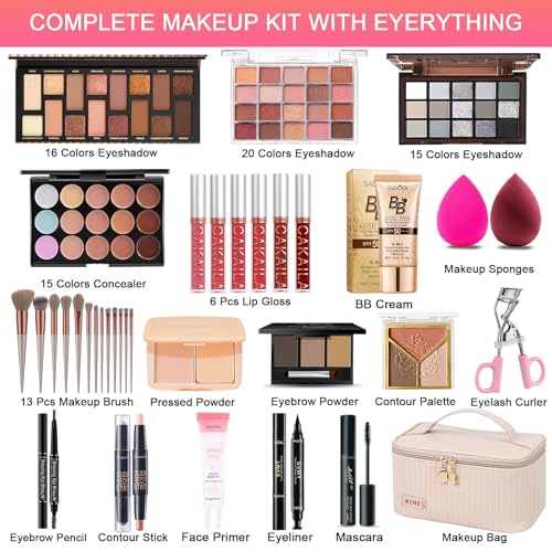 All in One Makeup Kit, Makeup Kit for Women Full Kit, Travel Make Up Gift Set for Women, Teens & Girls, Includes Eyeshadow Lipstick Eyeliner Eyebrow Pencil Brush Set, Beginners and Professionals Alike