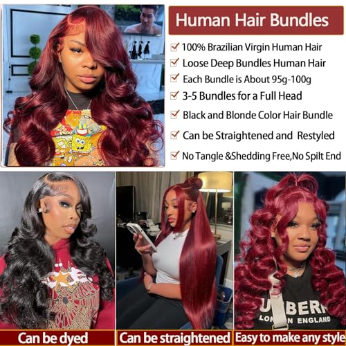 99j Burgundy Human Hair Bundles with Closure Loose Deep Wave 12 14 16+12inch 99j Burgundy Win Red Colored Human Hair with 4x4 HD Lace Closure,10A Brazilian Raw Quick Loose Wave Bundles