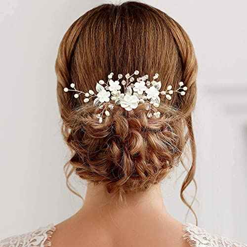 Flower Bridal Hair Vine Pieces with Comb Pearl Floral Rhinestone Leaf White Wedding Hair Pin Accessories for Women and Girls (White Flower Silver Leaf)