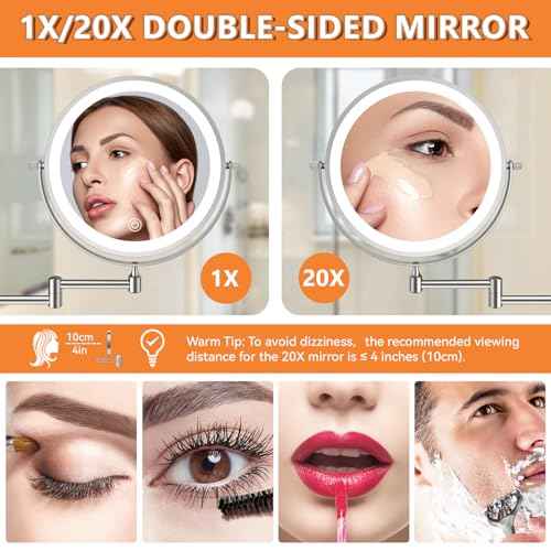 Auxmir 1X/20X Wall Mounted Makeup Mirror with Light, 8" Rechargeable Double-Sided Magnifying Mirror, Vanity Mirror Dimmable 3 Color Light, 360¡Æ Extension Rotation Foldable 14.5 Inch Arm, Chrome
