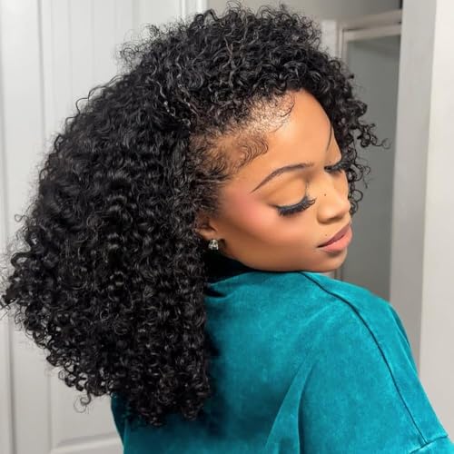 Alididi Kinky Curly Half Wig Human Hair 200 Density 3 In 1 Half Wigs Drawstring Seamless Flip Over Curly Wig Wear and Go Glueless Wigs Human Hair Beginner Friendly 16 Inch