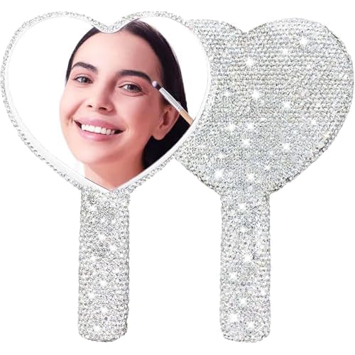 Large Rhinestone Handheld Mirror Heart Bling Glitter Cosmetic Dazzling Portable Hand Mirrors with Handle for Women Wedding Silver White