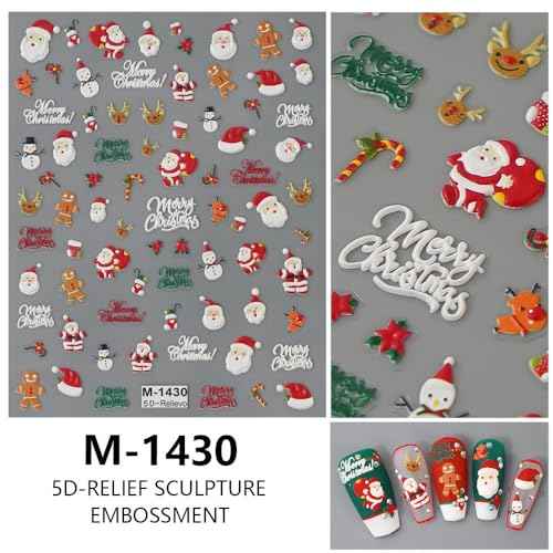 1 Sheets Christmas Nail Art Stickers Decals 5D Self-Adhesive Pegatinas U?as Santa Claus Snowman Gingerbread Man Xmas Winter Holiday Cute Elk Nail Supplies Nail Art Design Decoration Accessories