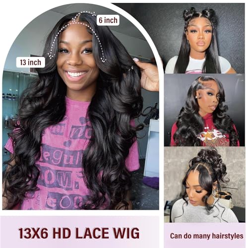 13x6 Body Wave Human Hair Lace Front Wigs 24inch 180% Density HD Lace Frontal Wigs Human Hair Pre Plucked Body Wave Lace Front Wigs for Women with Baby Hair Black Color