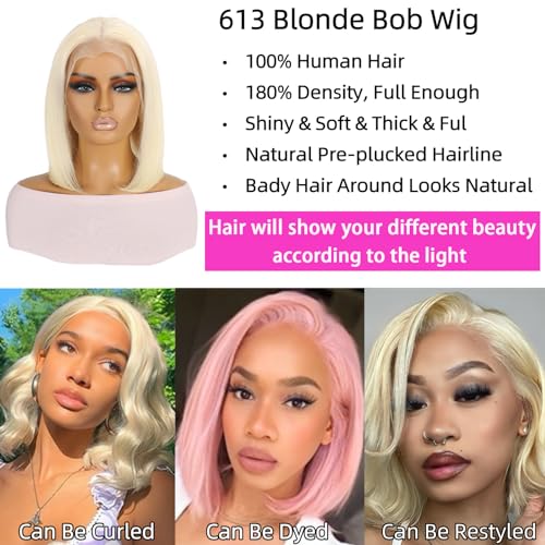 613 Blonde Bob Wig Human Hair 14 inch Lace Front Wigs Human Hair 180 Density 13x4 HD Transparent Straight Lace Frontal Wig Pre Plucked Glueless 613 Bob Wigs for Women