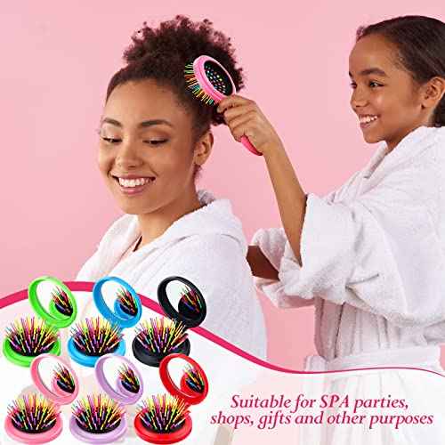 Hoolerry 24 Pcs Folding Travel Hair Brush with Mirror Round Folding Mini Hair Brush Compact Bulk Portable Small Brush Hair Combs for Women Girls Men Makeup Operation Christmas, 6 Colors