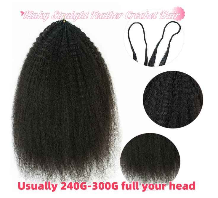 Kinky Straight Feather Crochet Hair Extensions Pre Looped Crochet Human Hair Curly For Black Women Pre Separated Knotless Crochet Hair 16Inch 120g