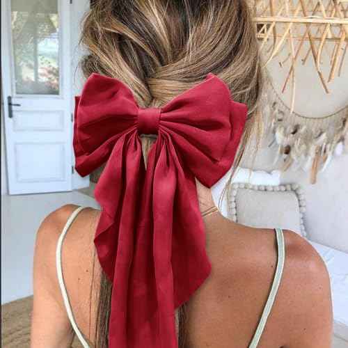 Large Red Satin Hair Bows, Clips, and Barrettes - Hair Accessories for Women, Christmas Gift