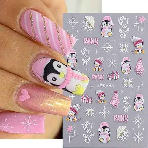 Christmas Nail Stickers for Art Decorations - 4PCS Snowflake, Gingerbread Man, Penguin, Elk, Santa Claus, Xmas Tree Design - Manicure Decals Supplies for Women