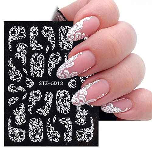 4 Sheets Flower Nail Art Sticker Decals - 5D Stereoscopic Embossed Acrylic Nail Stickers Self-Adhesive Nail Art Supplies White Lace Retro Floral Nail Designs DIY Manicure Decoration for Women Girls