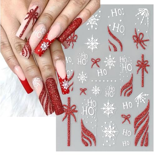 Christmas Gift Bow Nail Art Stickers, Santa Hat Elk Snowflake Design, 3D Self-Adhesive Glitter French Nail Tip Winter Holiday Nail Decals for Women (5 Sheets)
