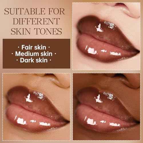 Nourishing Lip Gloss with Brown Lip Liner Lip Combo Set, Moisturizing High Shine Nude Lip Glow Oil Fresh Lightweight Glossy Plumping Lip Gloss for Women Long Wear Mini Liquid Lipstick Makeup#8