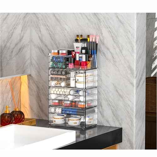 Acrylic Clear Makeup Organizer Countertop,Stackable Skincare Organizer for Vanity With 11 Drawer,Large Plastic Desk Accessories Organization,Bathroom Cosmetic Organizer Countertop for Beauty,Skin Care