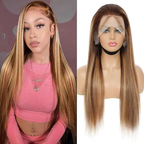 Highlight 13x4 HD Lace Front Wigs Human Hair 4/27 Honey Blonde Straight Transparent Lace Front Wigs Pre Plucked 12A Ombre Wigs Human Hair for Women 180% Density 24 Inch