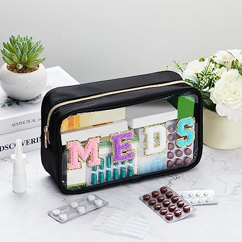 Geetery Chenille Letter Bag Nylon Portable Makeup Cases Preppy Patch with Zipper Cosmetic Toiletry Storage Bag for Women(Black,Original MEDS)
