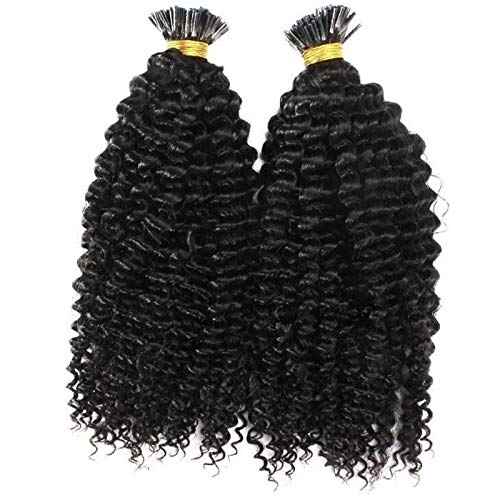 Long Kinky Curly Pre Bonded Fusion I Tip Human Hair Extension Mongolian Human Hair I Tip Hair Extensions 100g/100 strands (22inch 100Strands, #Natural Color)