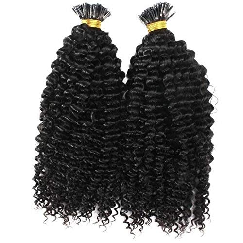 Long Kinky Curly Pre Bonded Fusion I Tip Human Hair Extension Mongolian Human Hair I Tip Hair Extensions 100g/100 strands (22inch 100Strands, #Natural Color)