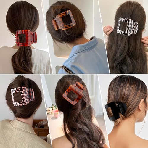 Flat Square Hair Clips Large Claw Clips for Thick Medium Thin Hair 6Pcs Non Slip Strong Hold Barrettes French Duckbill Accessories for Women Girls Leopard Tortoise Shell