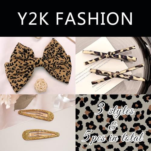Leopard Bow Hair Clips 3 Styles Barrettes Set Brown Leopard Print Hair Bows Glitter Gold Snap Hair Clips Bowknot Alligator Clips Golden Cheetah Hair Accessories for Women and Girls