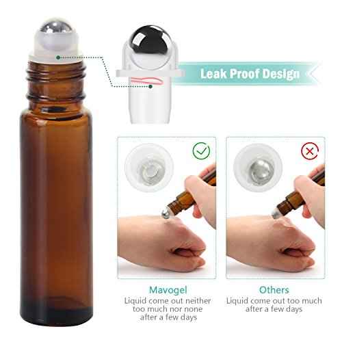 Mavogel 24pack, 10ml Roller Bottles for Essential Oils - Amber, Glass with Stainless Steel Roller Balls (3 Extra Roller Balls, 54 Pieces Labels, Opener, Funnel, Dropper, Brush Included)