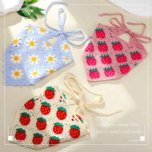 Acenail Crochet Hair Bandanas Women Floral Hair Scarf Tie Back Bandana Headband Knitted Head Kerchief Headbands Elastic Wide Knit Head Wraps Summer Boho Hair Accessories for Women 3Pcs (Flower)