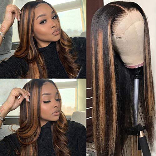Ombre Blonde Human Hair Wig 13x4 HD Transparent Lace Front Black to Brown Blonde Human Hair Highlights 20" for Women Pre Plucked Ombre Honey Blonde Wig with Black Roots Pre Plucked Wigs 150% Density