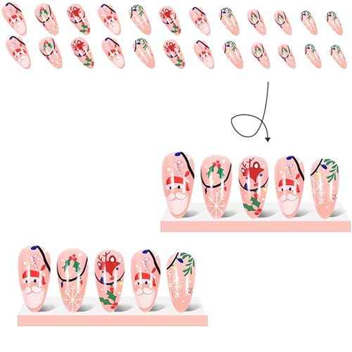 Christmas Press on Nails Long Almond Fake Nails Cute Xmas Nails Press ons with Santa Candy Elk Snowflake Winterberry Design Full Cover Stick on Nails for Women Manicure,Glossy | Reusable | 24Pcs