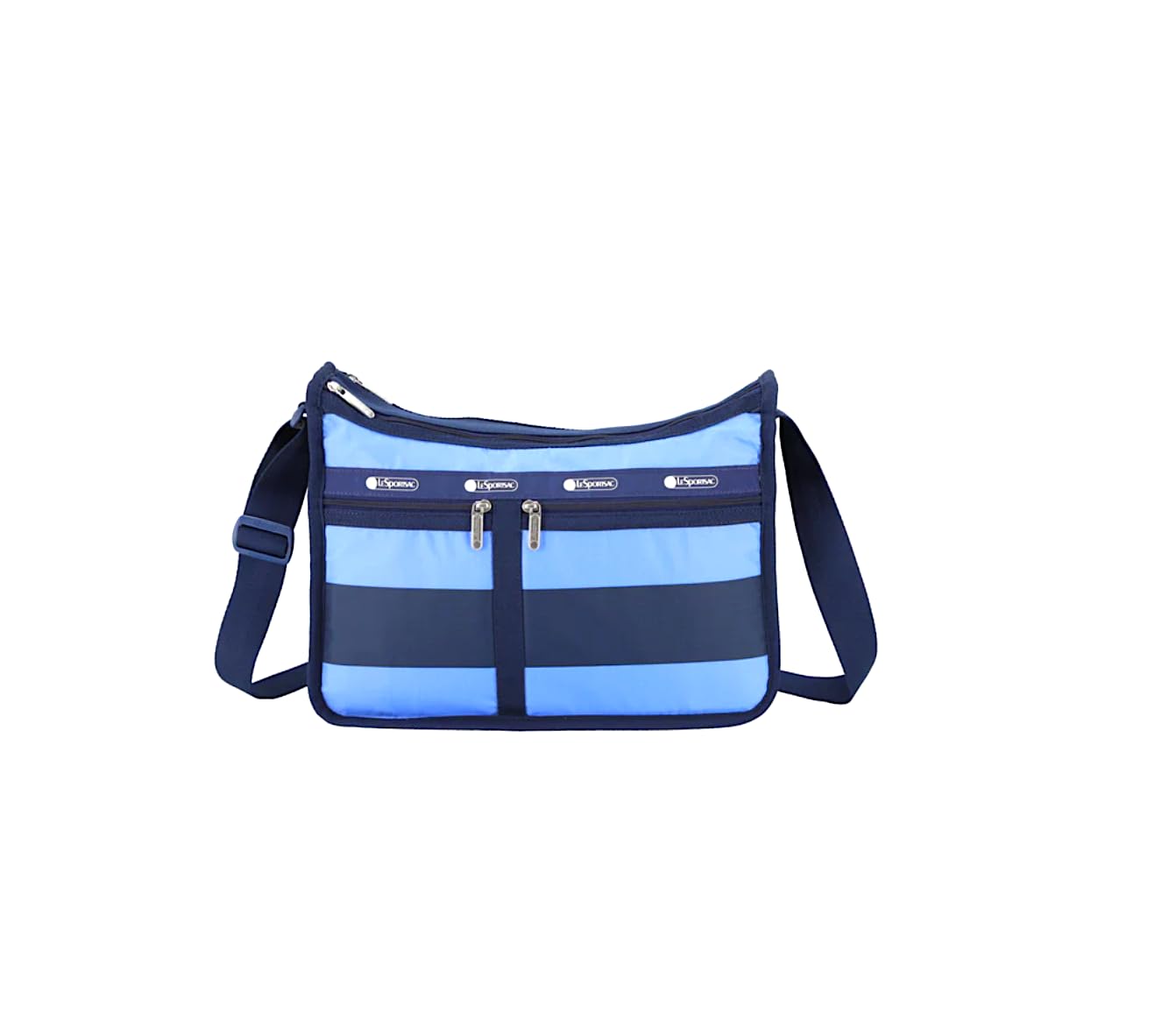 LeSportsac Classic Rugby Periwinkle Deluxe Everyday Crossbody Bag + Cosmetic Bag, Style 7507/Color E758, Timeless Navy Blue & Modern Periwinkle Stripes Unite, Bold Modern Nautical Inspired Theme