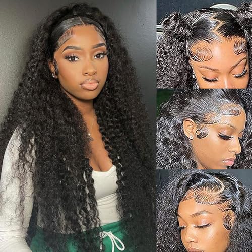 13x6 Deep Wave Lace Front Wigs Human Hair 200 Density HD Lace Front Wigs Human Hair Pre Plucked Bleached Knots Glueless Wigs Human Hair Wet and Wavy for Women (Natural Black 13X6, 20 inch, Curly)
