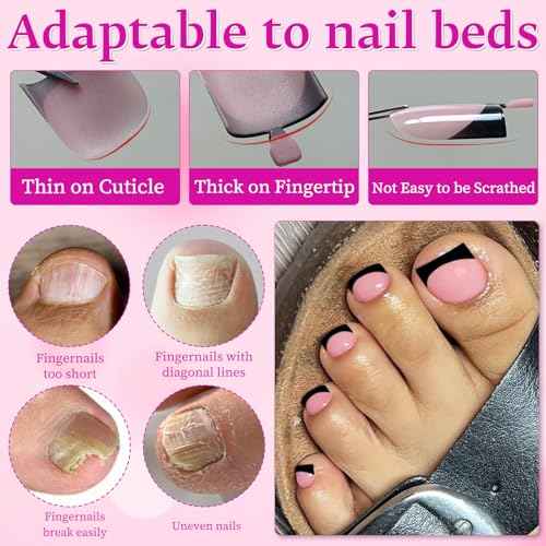 LuckForever 180pc Black French Tips Press on Toenails Women Glue on Toe Nails, French Fake Toe Nails Press ons Nail Square Pink Acrylic Press on Toes Nail Tips Artificial Stick Toenail Tip