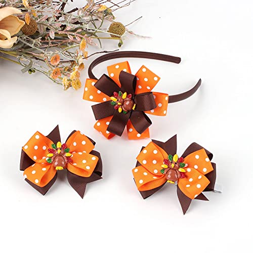 QLINLEAF 1 Set Thanksgiving Turkey Headband and Hair Clips Headwear Set with Bow Polka Dot for Girls Children Fall Orange Christmas Halloween Thanksgiving Hair Accessories