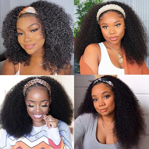 XSY Headband Wig Human Hair for Black Women Kinky Curly Headband Wig Glueless Brazilian Hair None Lace Front Wigs 150% Density Half Wigs Natural Colour 150% Density (22inch)
