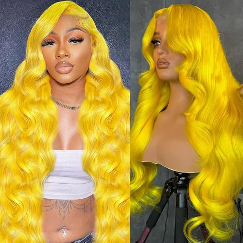Lace Front Wig - Human Hair, Body Wave, 24 Inch, 13x4 HD Lace Frontal, Pre Plucked, 200% Density, Yellow