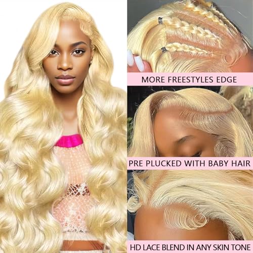613 13x4 Lace Front Wig Human Hair 200 Density 22 Inch Body Wave Blonde HD Lace Front Wigs Human Hair Pre Plucked with Melted Hairline Tiny Knots Soft Texture Tangle Free Shedding Free Triple Lifespan