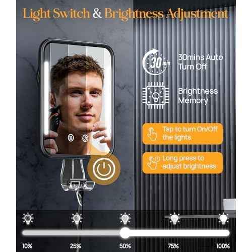 Gospire Heated Shower Mirror Fogless for Shaving with Light, Rechargeable Battery and Adjustable Brightness, Suction Cup and Razor Holder, Removable & NO-Drilling, Waterproof for Bathroom (Black)