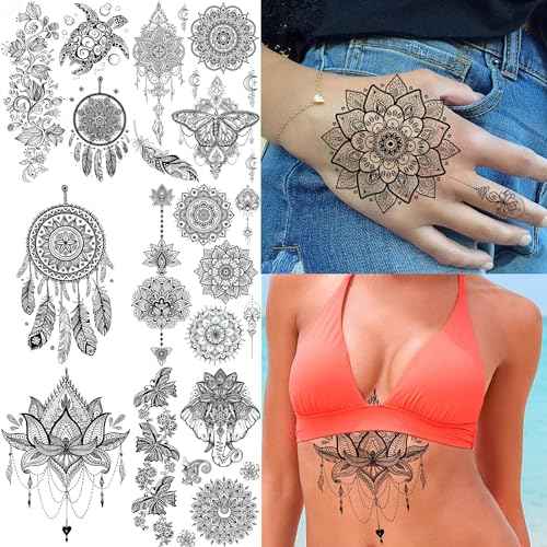 6 Sheets FANRUI Black Henna Temporary Tattoos For Women Lace Mehndi Mandala Flower Tatoos Ink Large Waterproof Lotus Fake Jewelry Pendant Butterfly Tattoo Stickers Kit Wedding Dreamcatcher Feather