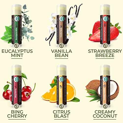 Earth's Daughter USDA Organic Lip Balm 6-Pack - Fruit Flavors, Beeswax, Coconut Oil, Vitamin E - Best Lip Repair Chapstick for Dry Cracked Lips - Moisturizing Lip Care