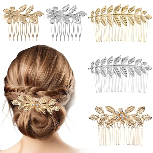 5PCS Leaf Hair Combs for Women Accessories Gold Silver Rhinestone Hair Comb Clips with Teeth Combs for Wedding Metal Decorative French Twist Slide Comb for Bride Bridesmaid Christma Parties Prom Dance