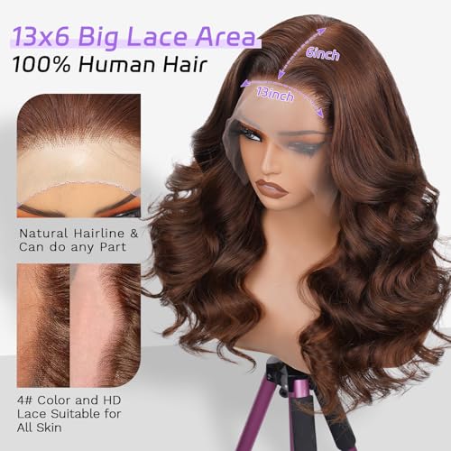 250 Density Body Wave Chocolate Brown Wig, 13x6 Lace Front Wigs Human Hair Pre Plucked, 100% Real Human Hair 4# Brown Wig for Women 16 Inch
