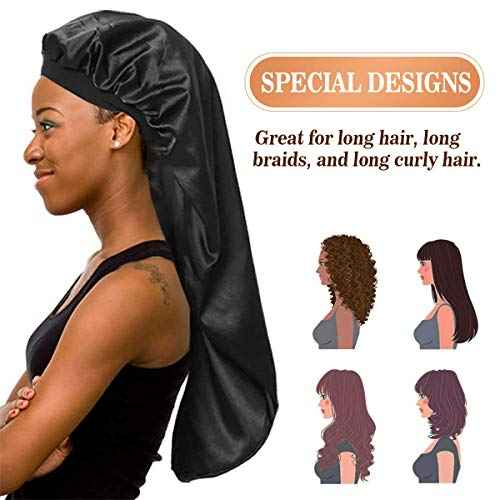 Long Satin Bonnet Sleep Cap Extra Large Silk Sleeping Cap with Wide Elastic Band Loose Night Hat for Women Braids,Curly Hair,Natural Hair,Very Soft & Comfortable (Black)