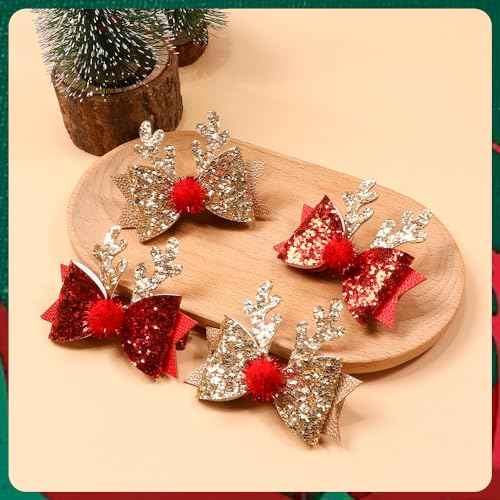 3Pcs Children's Christmas Antler Glitter Hair Clips,Hairball Elk Bow Hair Barrettes Hair Clip Glitter Christmas Elk Hair Red Golden Hair Clips Party Costume Accessories for Girls